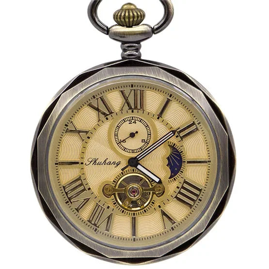 Luxury High Quality Golden Moon Phase Mechanical Pocket Watch Roman Number Tourbillon Dial Pendant Chain Men Women PJX1398