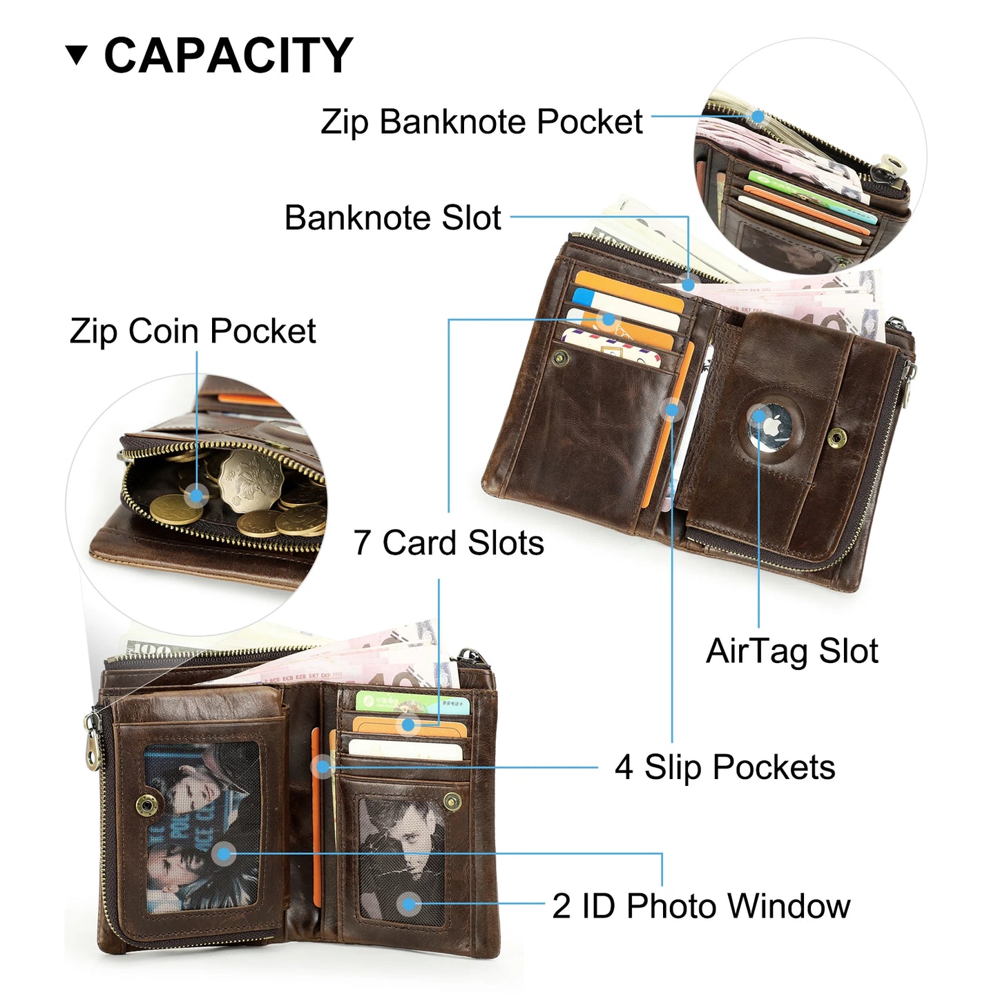 Crackle Oil Leather Short Bifold Wallets Men Quality Male Removable Wallet with airtag Clutch Slim Coin Pocket Card Holder Purse