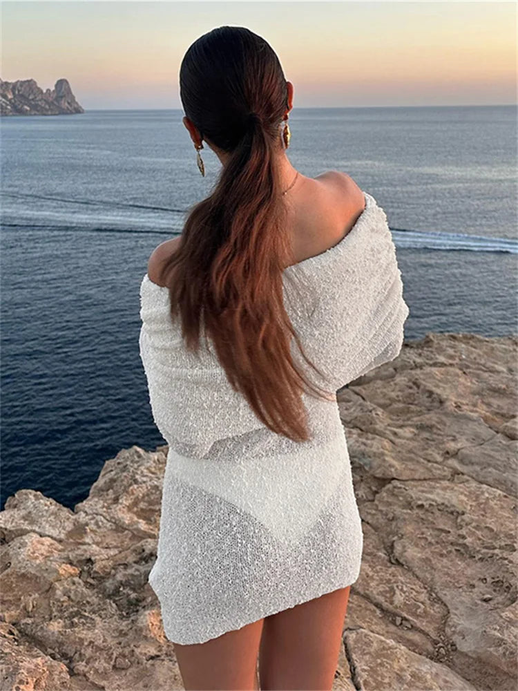 Whatiwear Sexy See Through Dress Women Ruched Slash Neck Flared Sleeve Vacation Fashion Beach Party Elegant Knit Mini Bodycon