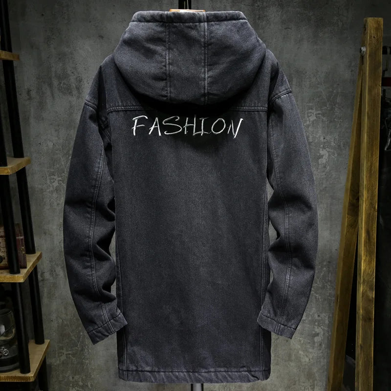 Winter Men's Long Jeans Jacket Fleece Lined Thick Thermal Cargo Denim Windbreaker Hooded Loose Fit Coat Outerwear For Male 5XL