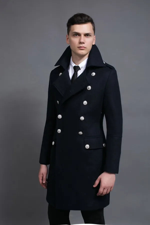 Men's Double Breasted Military Army Wool Coat Plus Size Thick Cashmere Work Business Solid Slim Pea Coat Winter Fashion