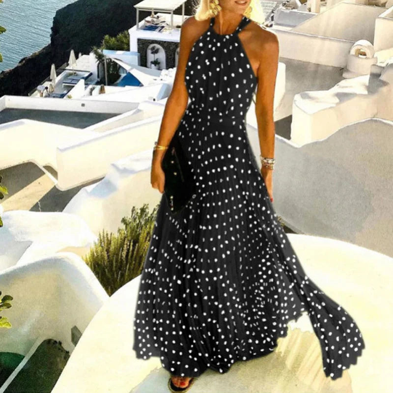Fashion Sexy Halter Print Pleated Long Dress Women Sweet O Neck Beach Cover-Ups Robe Summer Sleeveless Casual Boho Maxi Sundress
