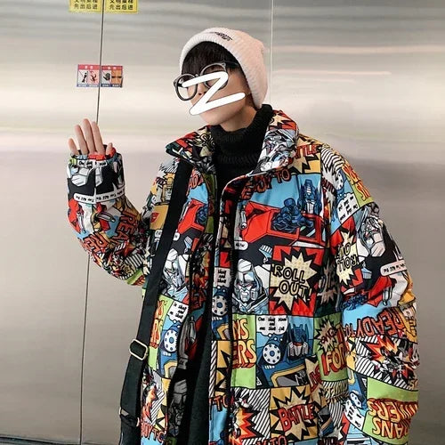 Hip Hop Graffiti Cartoon Print  Parkas Coats Men Streetwear Harajuku Mens Winter Thickend Warm Zipper Cotton Padded Jacket Women