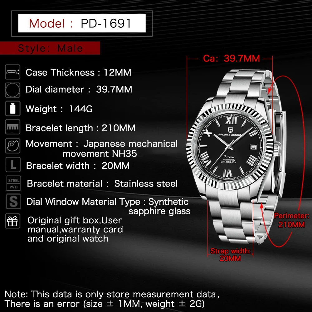 2024 New PAGANI DESIGN DD40 Mens Automatic Watches Men Mechanical Wristwatch AR Sapphire Waterproof Stainless Steel Reloj Hombre