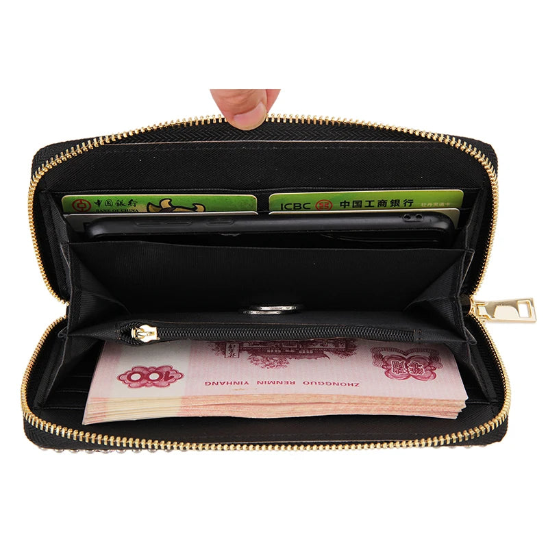 Luxury Diamond Women Long Purse Card Holder Coinetter Color Crystal Red Lip Pearl Wallet Pu Leather Zipper Around Wallet  Female