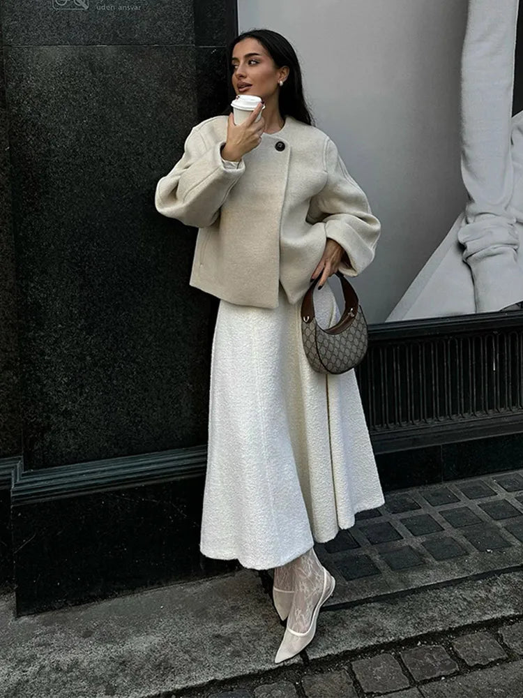 Retro Loose Casual Woolen Coats Women's Double Breasted Stand Collar Short Jacket Office Lady Autumn Winter 2024 Solid Outerwear