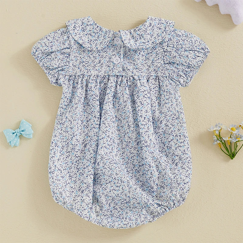FOCUSNORM 3 Colors Lovely Baby Girls Rompers Bowknot Embroidered Print Doll Collar Short Sleeve Jumpsuits Summer Clothes