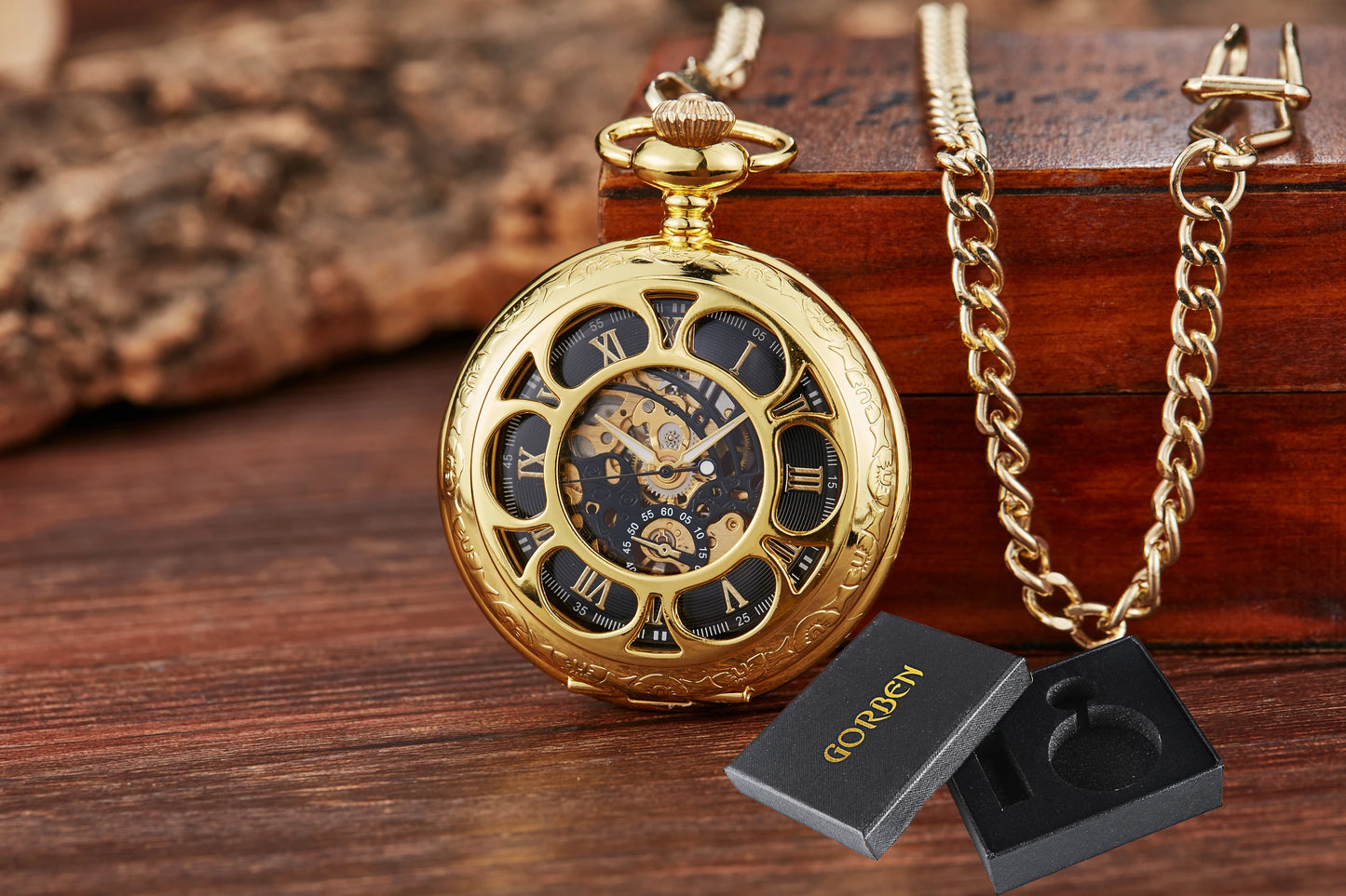 Unique Wood Circel Gear Dial Bronze Antique Mechanical Pocket Watch Men Vintage Engraved Fob Hand Wind Steampunk Watch Women