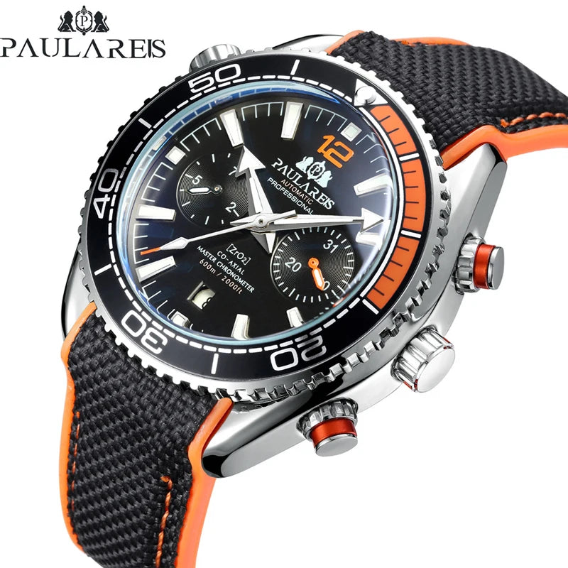 PAULAREIS P Luxury Men Automatic Self Wind Mechanical Watch for Men Rubber Strap Waterproof Luminous Date Fashion Mens Watches