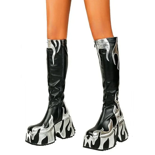 2024 Women's High Quality Thick High Heels, Thick Sole Side Zipper Boots, European and American Fashion Flame Show Shoes