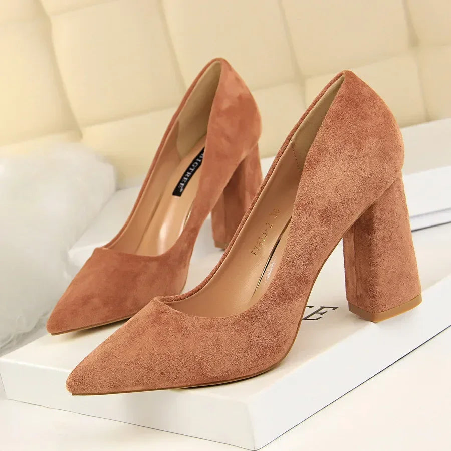 Women Elegant Suede 8.5cm High Heels Formal Occasion Pumps Lady Fashion Party Block High Heels Red Khaki Nightclub Dance Shoes