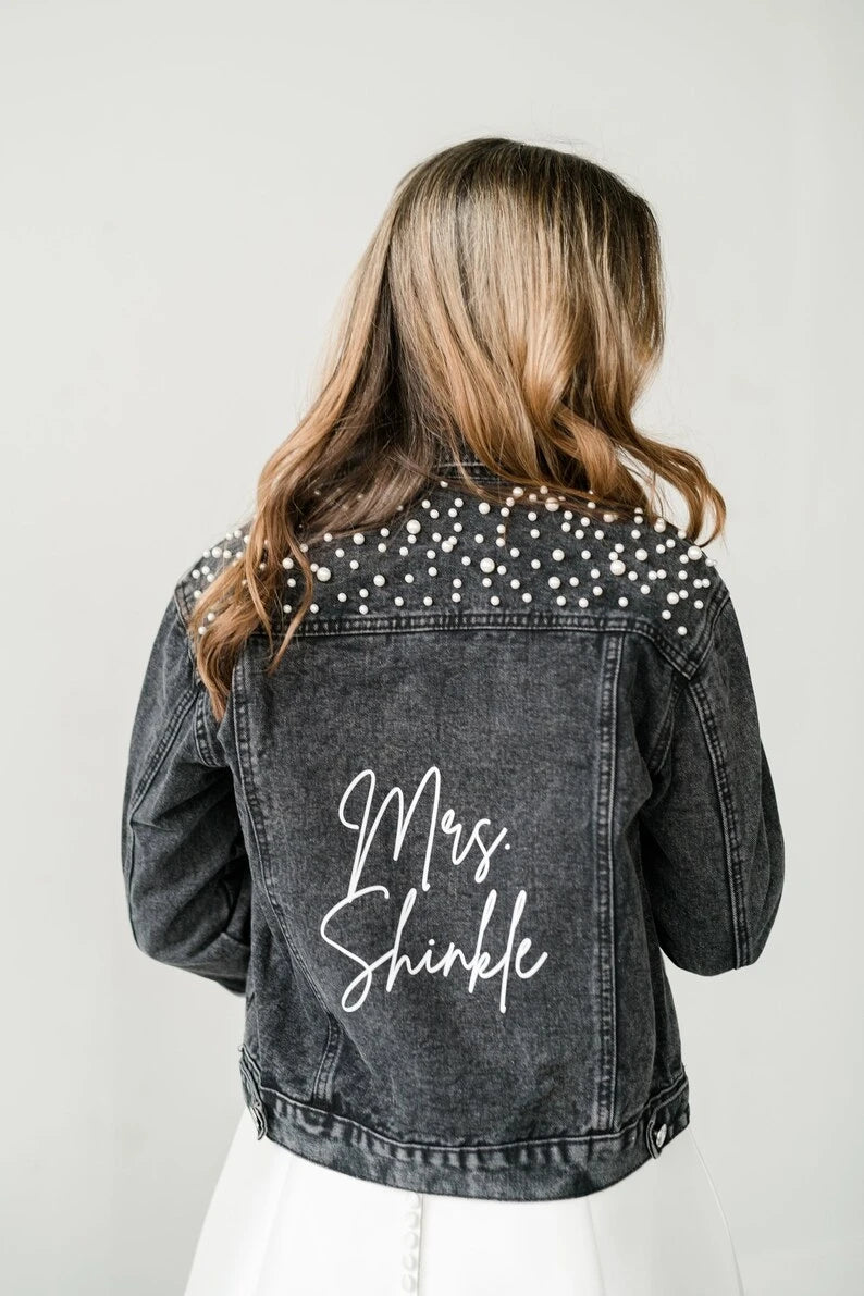 Personalized Mrs. Jacket Pearl Personalized Bride White Denim Jacket Mrs. Jackets Bachelorette Party Wedding Shower Custom Coats