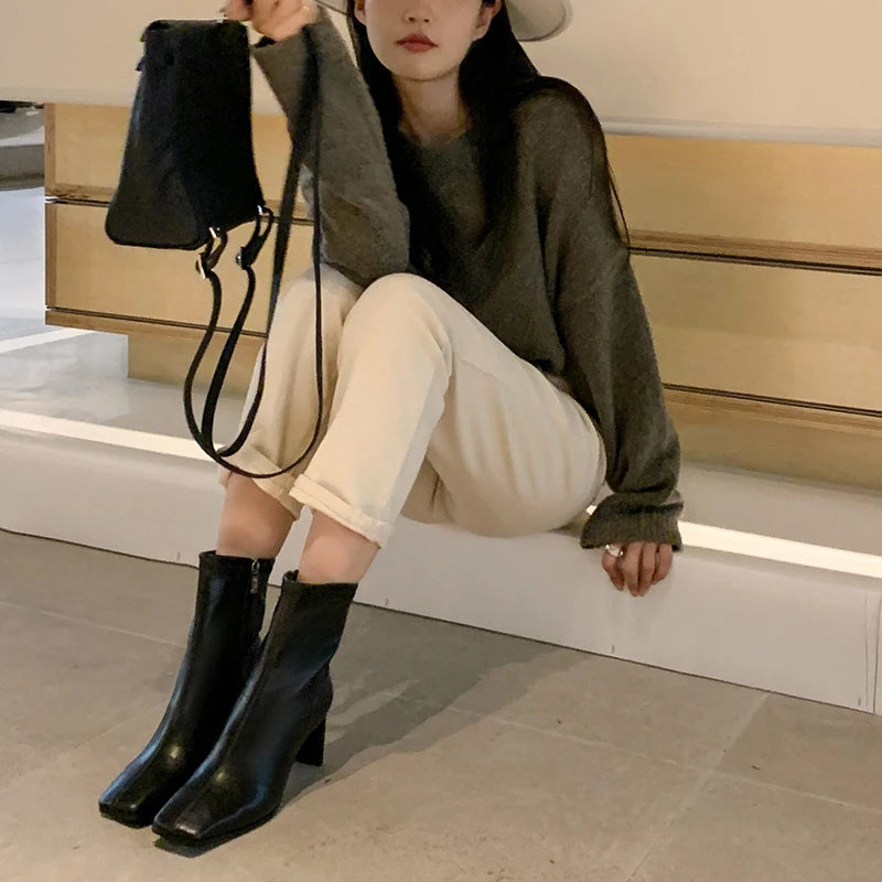 JOZHAMTA Size 34-40 Real Leather Ankle Boots For Women Stone Block High Heels Shoes Winter 2025  Fashion Office Lady Dress