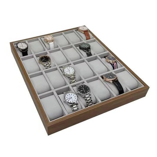 24 Grids Walnut Grain Wood Watch Storage Display Box Wristwatch Organizer Display Tray Watches Holder with Pillows Gift Cases