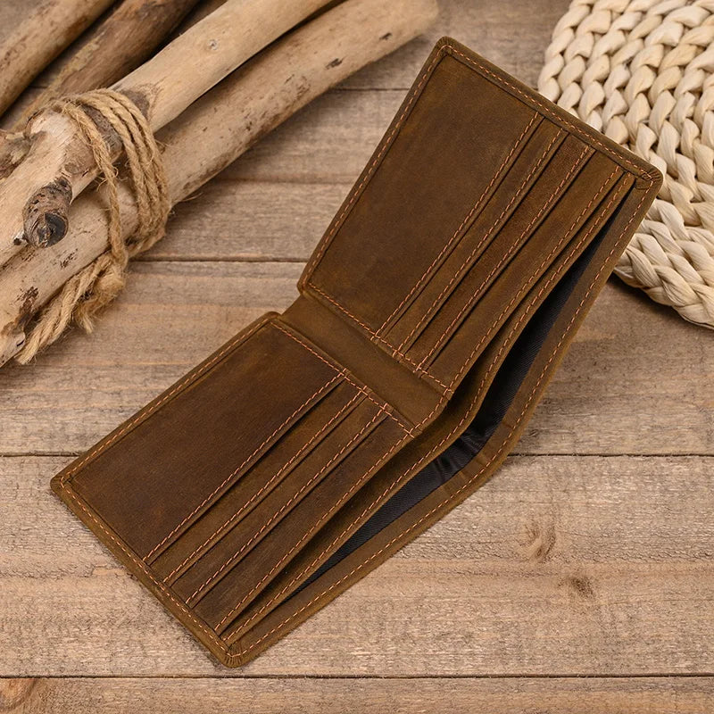 Men Genuine Leather Pocket Wallet Card Holder Sling Cow Leather Purse For Men Brown Retro Crazy Horse Leather Casual Short Purse