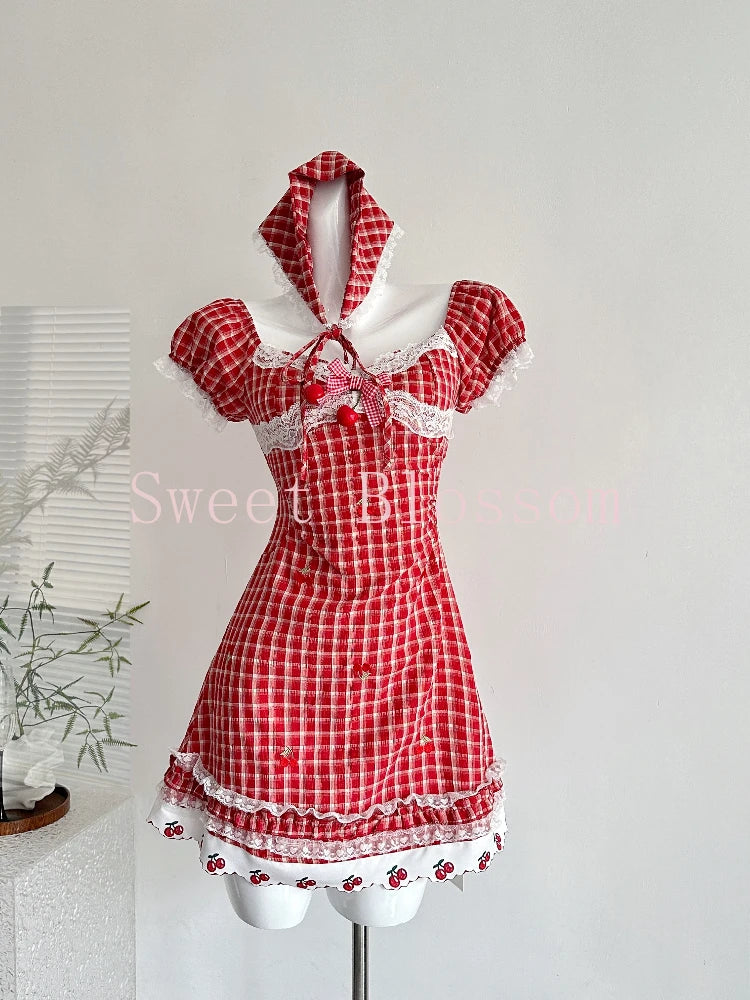 French Elegant Sweet Red Plaid Dress Women New Design Lace Patchwork Kawaii Dresses Harajuku Fashion Y2k Slim Summer Clothing
