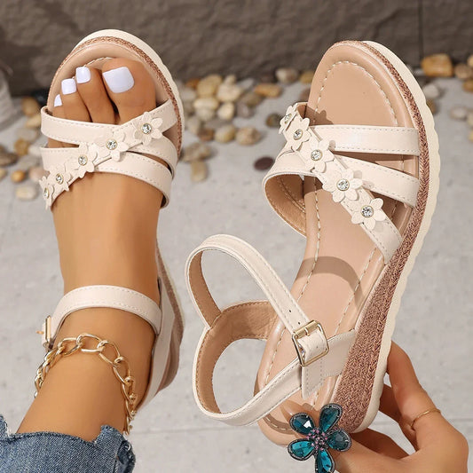 Flower Decoration Women's Wedge Sandals Summer 2025 Lightweight Ankle Strap Platform Sandals Women Comfort Non Slip Beach Shoes