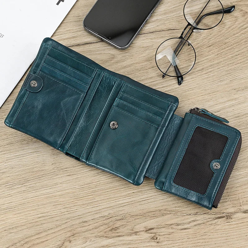 Leather Men‘s Short Wallet Hasp Genuine Leather Unisex Zipper Coin Clutch Purse Cowhide Card Holder Trifold Man wallets