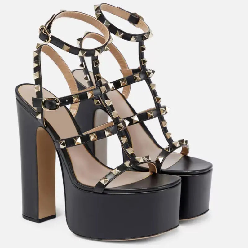 Arden Furtado 2025 Summer Round head Platform Rivet Super high heel Belt buckle Open toe Roman sandals Large size