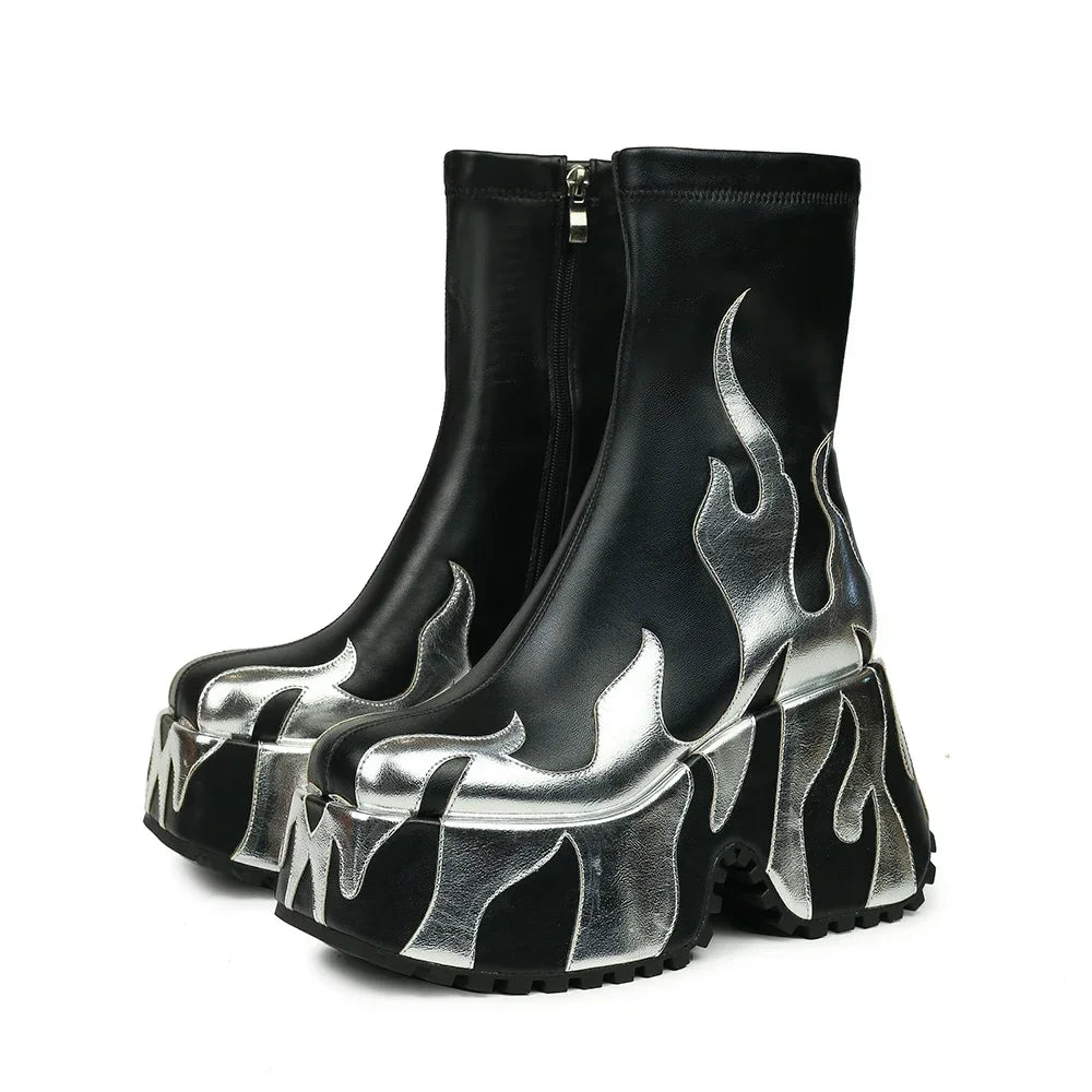 2024 Women's High Quality Thick High Heels, Thick Sole Side Zipper Boots, European and American Fashion Flame Show Shoes