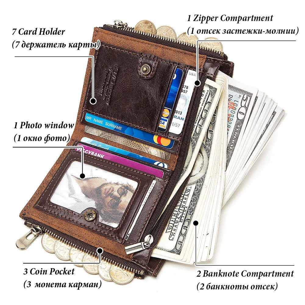 Cowhide Leather Men Short Wallet Zipper Rfid Bifold Coin Purse Credit Card Holder For Male Vintage Chain Clutch Money Bag JYE447