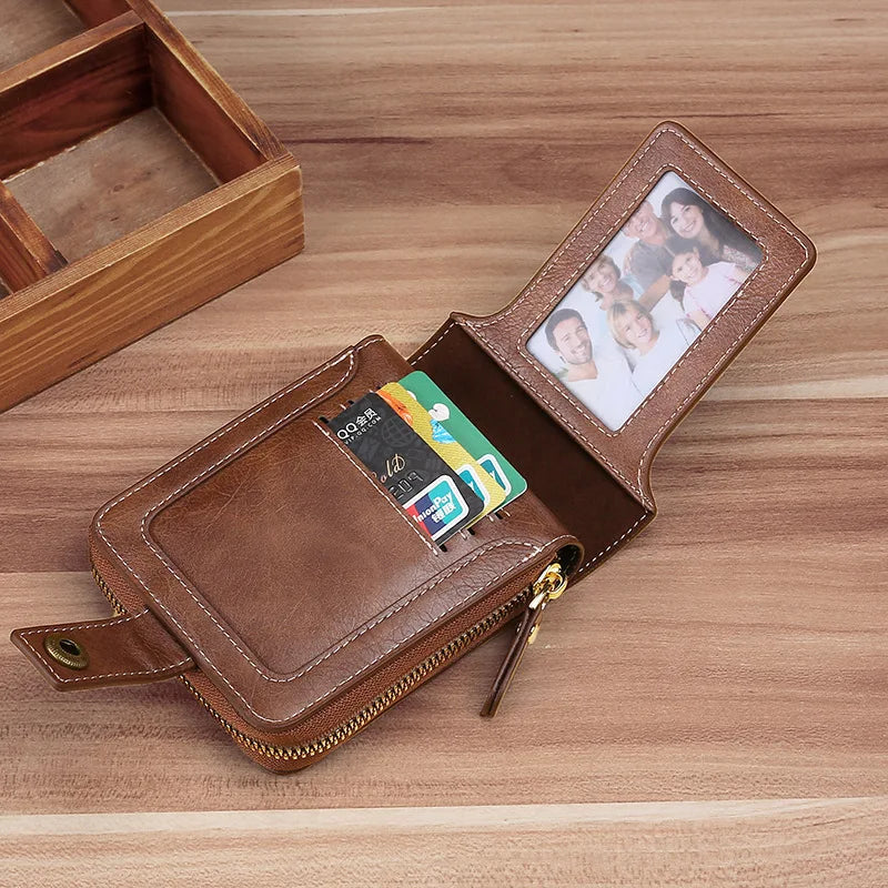 Vintage Short Wallet For Men Leather Coin Pocket Purse Man Multi function Tri Fold Card Holder Small Male Money Clip
