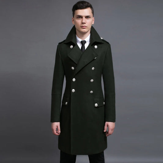Men's Double Breasted Military Army Wool Coat Plus Size Thick Cashmere Work Business Solid Slim Pea Coat Winter Fashion