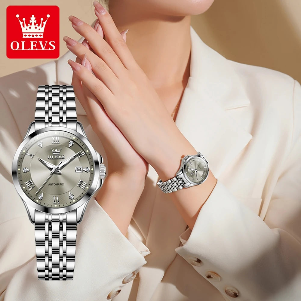 OLEVS Original Women's Luxury Mechanical Watches Stainless Steel Automatic Watch for Woman Waterproof Luminous Ladies Watches