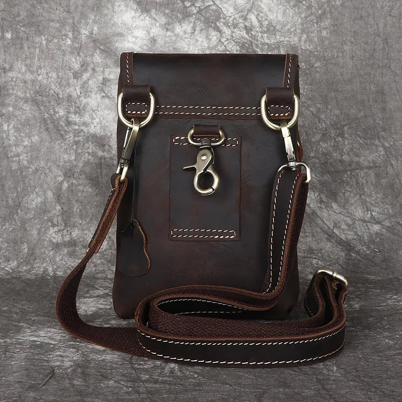 7.5" Leather Phone Pouch phone bag men wear leather belt mobile phone fanny pack for shoulder bag holster leather Mini Men's bag