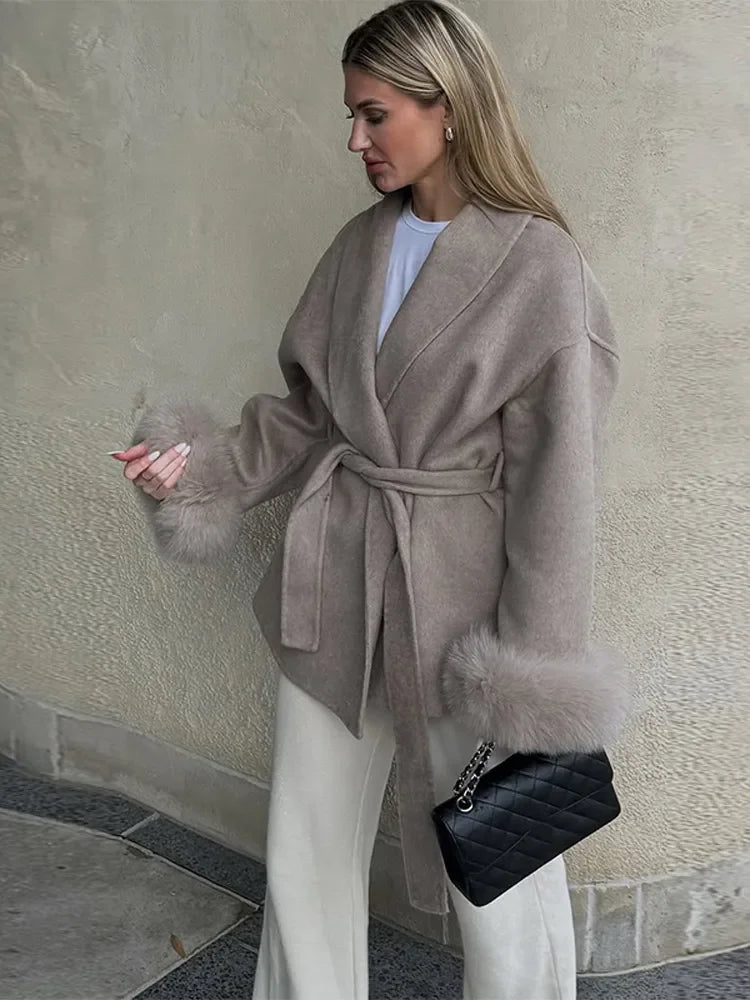 Elegant Lace Up Fur Patchwork Coat Women Loose Solid Long Sleeve V-neck Open Stitch Coats Female 2025 Autumn Fashion Lady Jacket