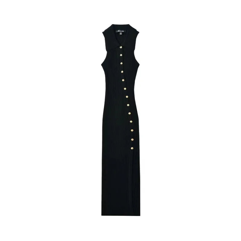 Women Dress Slim Fit Long Dresses Sexy V Neck Sleeveless Hip Wrap Elegant Splice Solid Regular Vestidos Button 2025 Summer