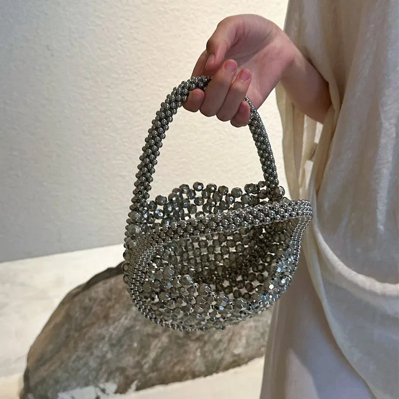 Women Woven Hand Bag Exquisite Design Hollow-out Handmade Beaded Handbag Small Evening Party Bag