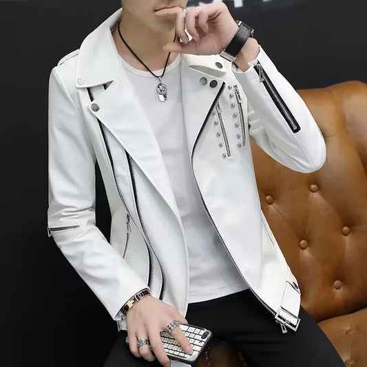 2024 Autumn Men's Leather Jacket, Suit Collar Coat Slim Men's Short Motorcycle clothing
