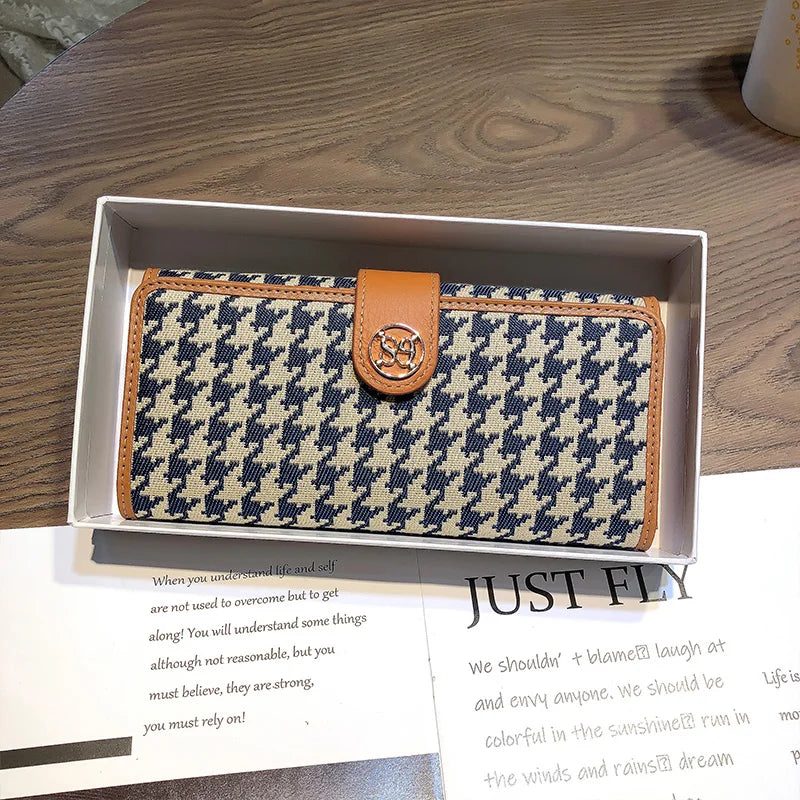 2024 New Genuine Leather Women Wallets Houndstooth Embroidery Long Wallet Excellent Cowhide Billfold For Cell Phone Clutch Bags