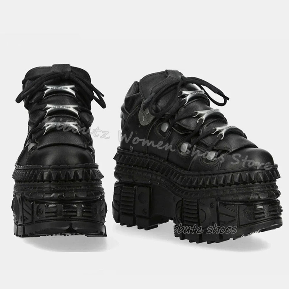 Rivets Gothic Sneaker Thick Bottom Platform Punk Rock Dark Style Lace-Up Fashion Sexy Women Shoes Round Toe Genuine Leather New