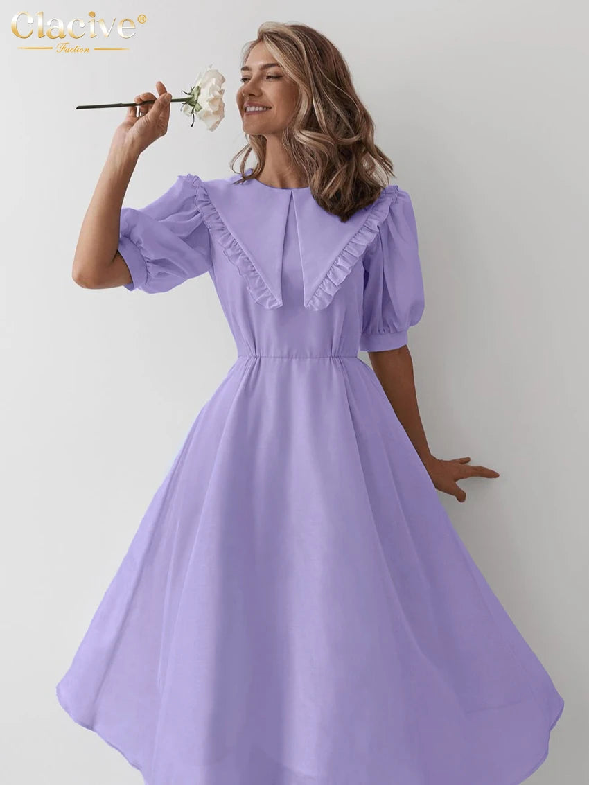 Clacive Summer Loose Purple Women's Dress 2025 Fashion Lapel Short Sleeve Midi Dresses Elegant Classic High Waist Female Dress