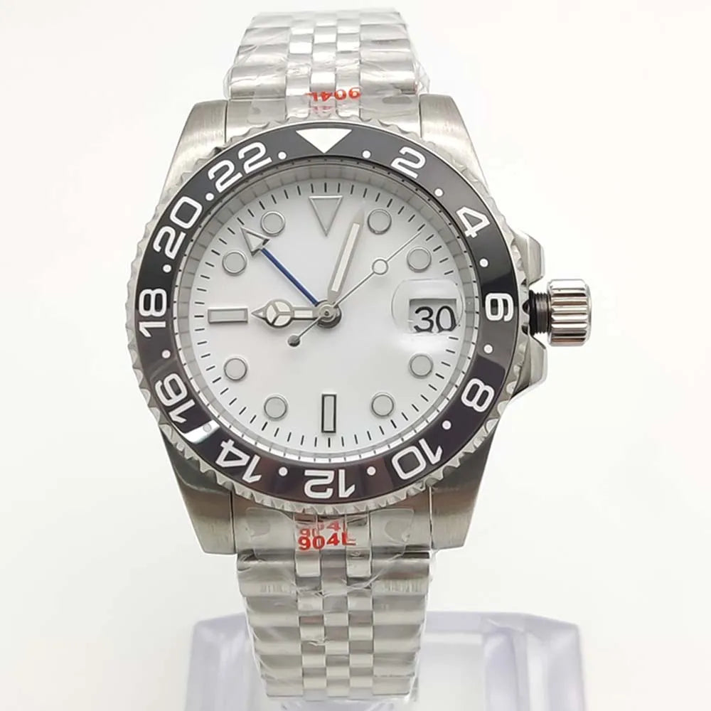 Men's New Elegant White GMT Watch, NH34 Movement, Sapphire Glass, Stainless Steel Waterproof Men's Mechanical Watch