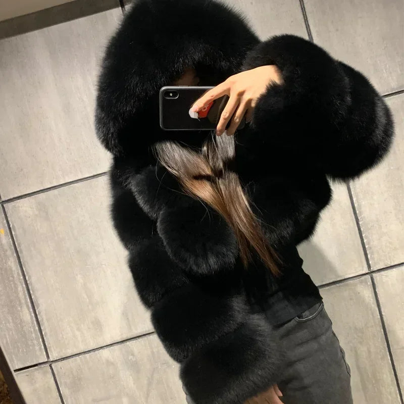 Fashion Warm Faux Fur Thicken Coat For Women Vintage Long Sleeve Hooded Short Female Jackets Autumn Winter Chci Lady Streetwear
