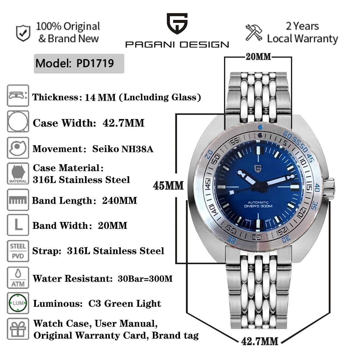 Pagani Design 2025 New Men Mechanical Watch NH38A PD1719 Sapphire Crystal Stainless Steel Business Waterproof 300m Reloj Hombre