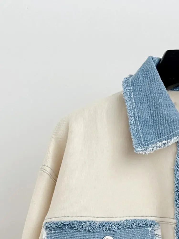 Women Denim Splice Knitted Coat Contrast Color Turn-down Collar Trimmings Single Breasted Sweater Cardigan for Lady