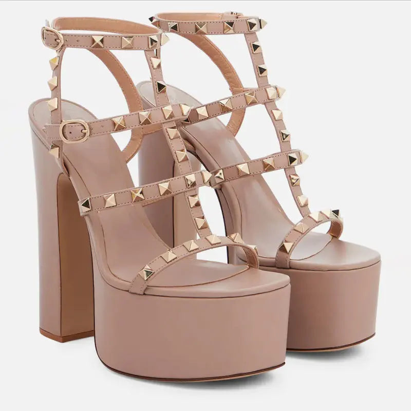 Arden Furtado 2025 Summer Round head Platform Rivet Super high heel Belt buckle Open toe Roman sandals Large size