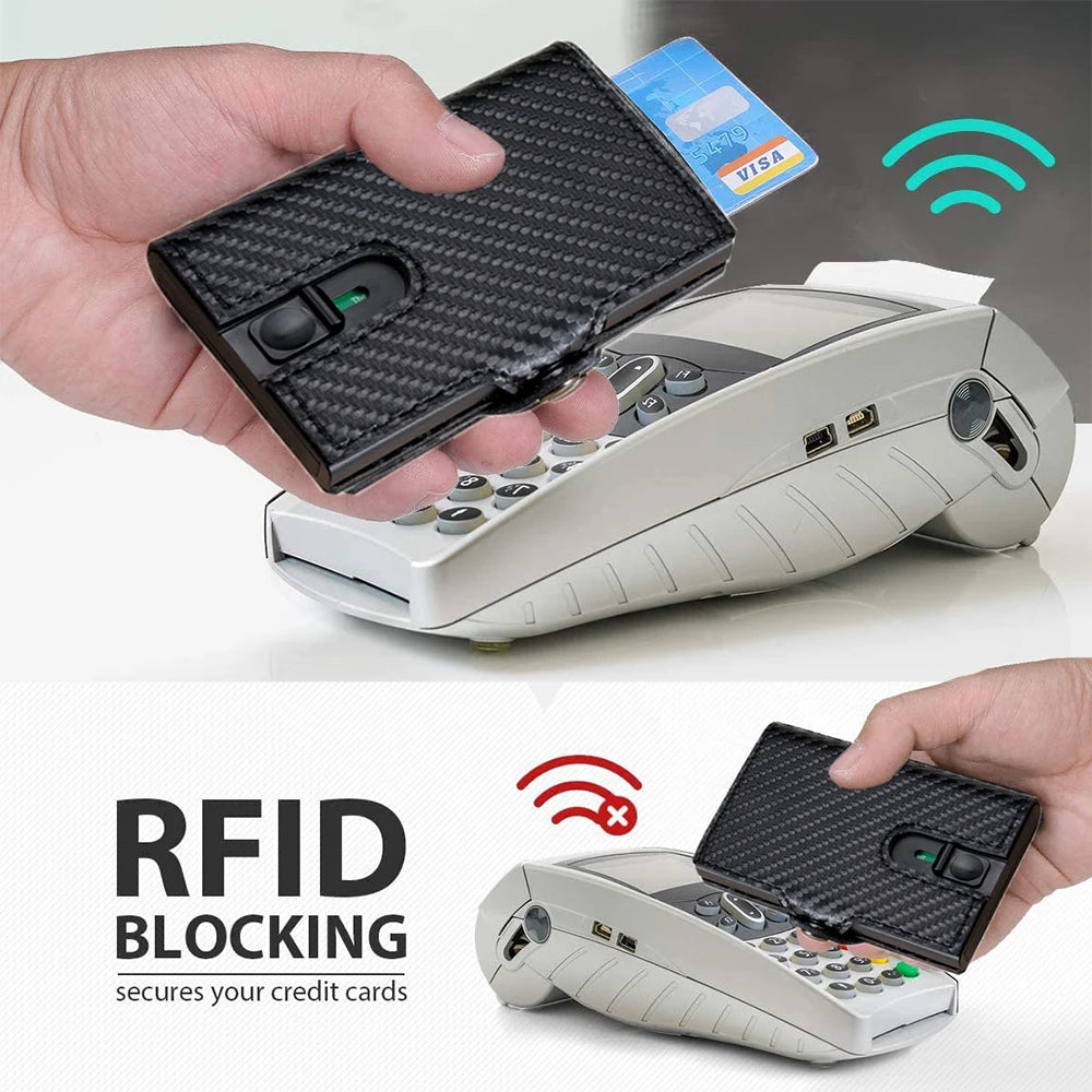 Casekey Real Carbon Fiber Leather Wallet Slim Rfid Blocking Pop Up Card Holder With Zipper Pocket Small Money Bag Male Purses