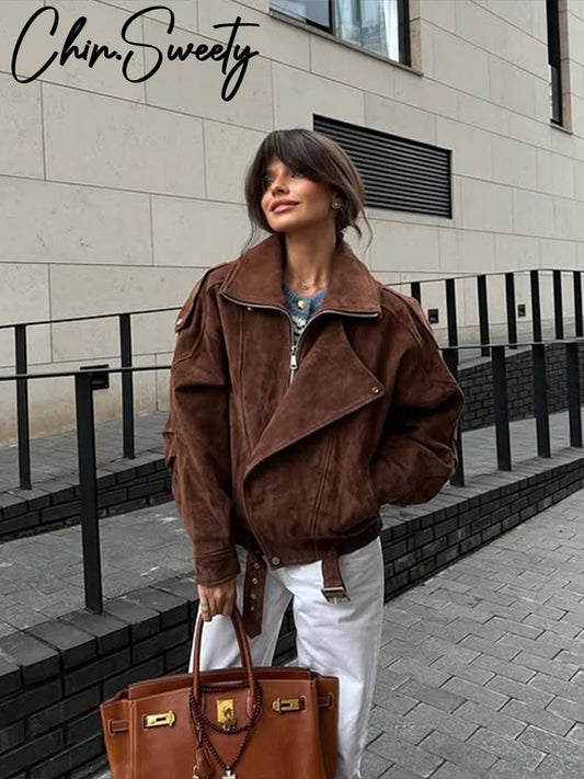 Vintage Women's Belt Short Suede Jackets Loose Lapel Zipper Full Sleeve Zipper Coat Female 2025 Autumn Lady Commute Outwear