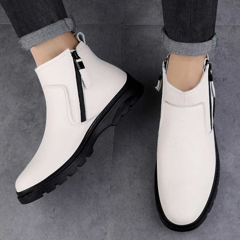 Genuine Leather Mens Shoes Side Zipper Basic Boots Chelsea Ankle Botas Trendy Wedding Comfy Dress Shoes Suit White Men's Boots