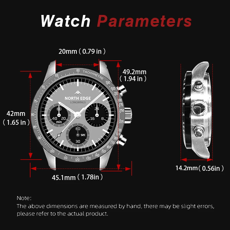 NORTH EDGE 2025 LONGWINGS Men Quartz Watch Solar Powered Stopwatch Waterproof 50M 316 Full Stainless Steel Luminous Pilot Watch