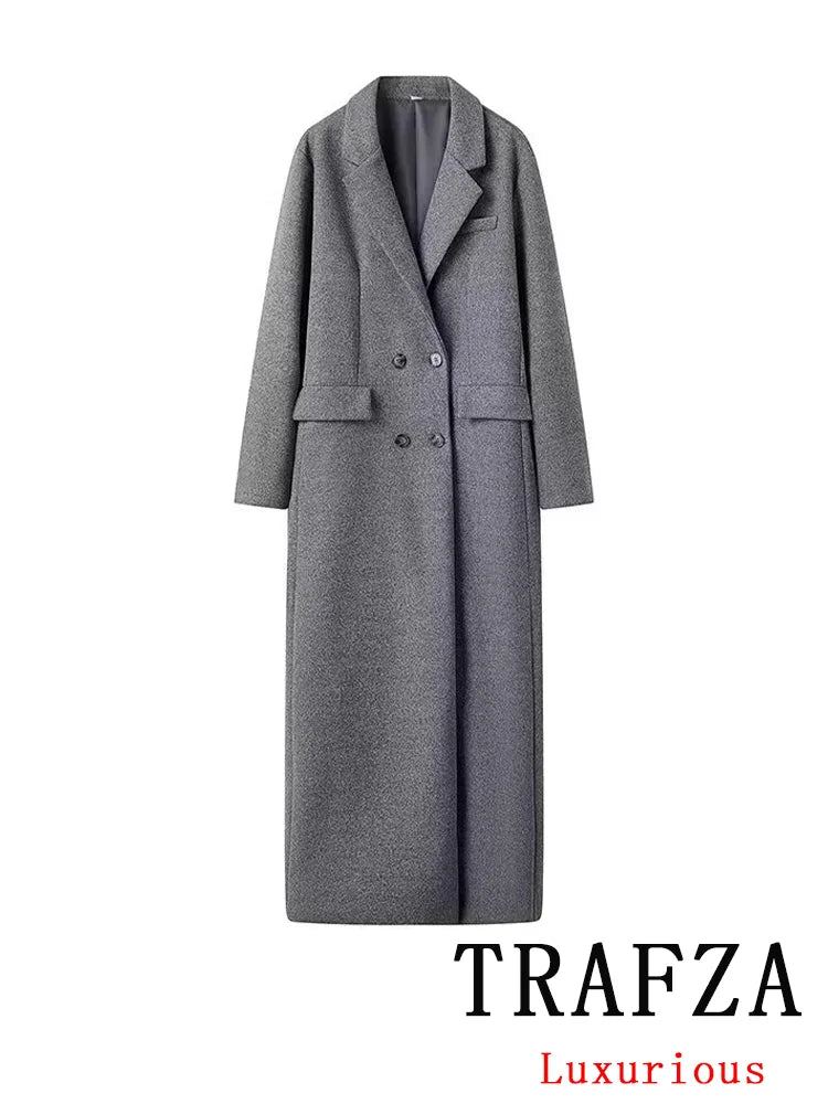 TRAFZA Vintage Casual Chic Solid Women Overcoat Double Breasted Oversized Long Jackets Fashion 2024 Autumn Winter Thick Coats