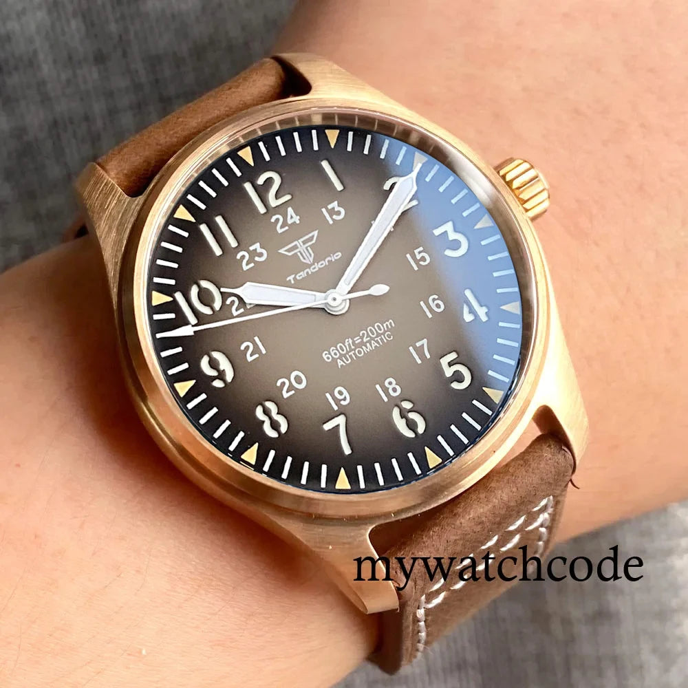 Tandorio CuSn8 Real Bronze NH35A PT5000 Dive Mechanical Watch Men Vintage Pilot Wristwatch 20bar Sport Clock Sunburst Green/Red