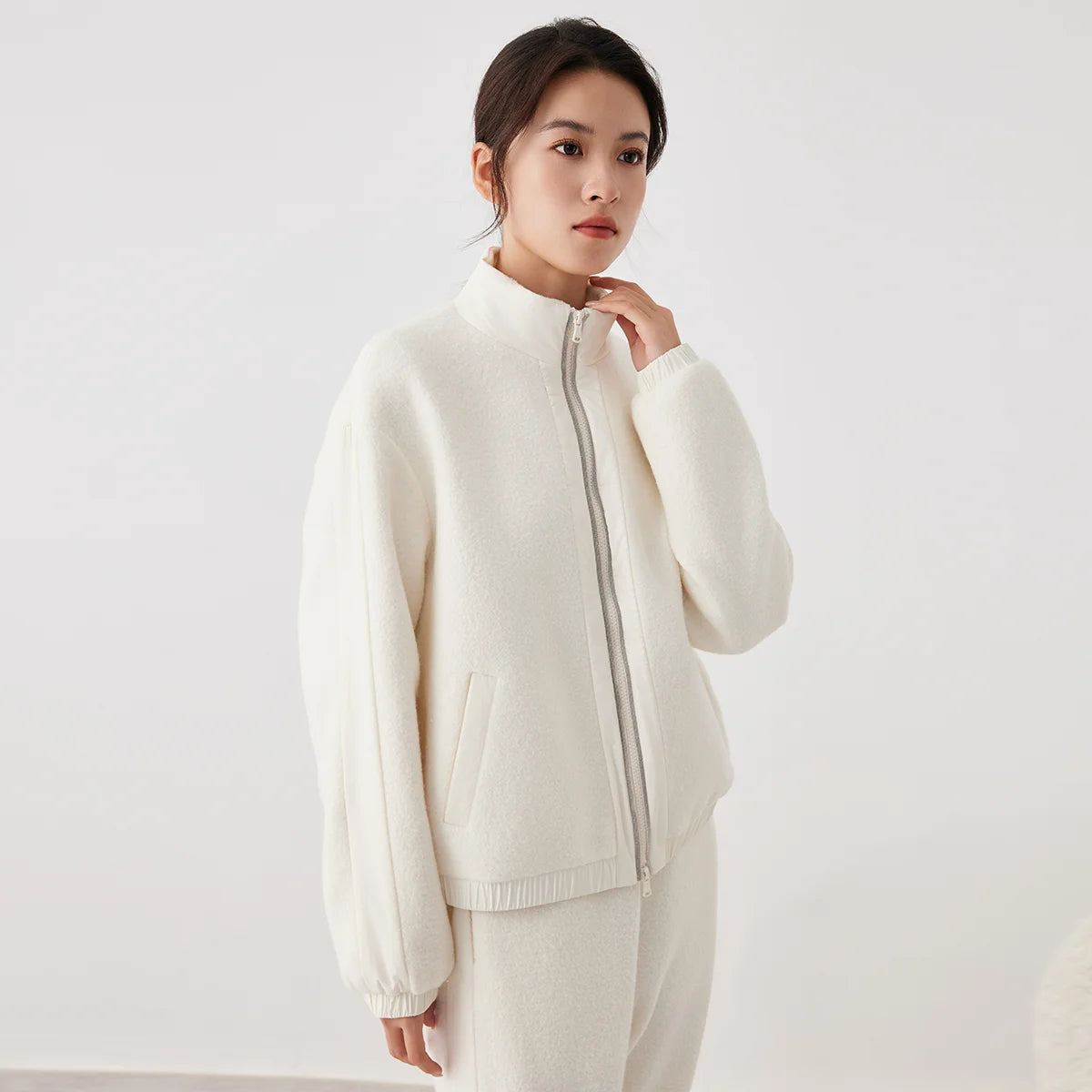 K2638W High quality women's clothing  luxury brand white goose down padded cotton stand-up collar jacket wool  coats