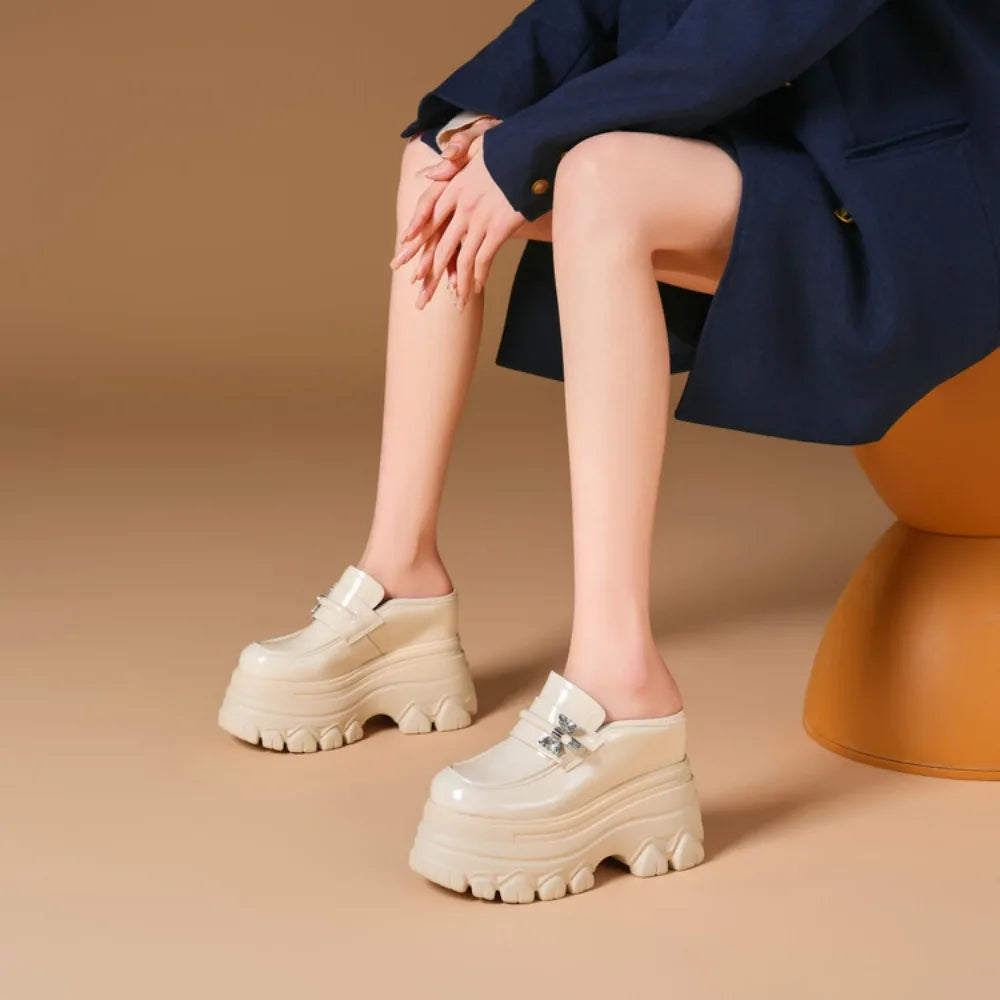 High Heels Baotou Half Slippers Women's Summer 2024 New Genuine Leather Fashion Women's Mules Shoes Thick Heel Wedges Slippers