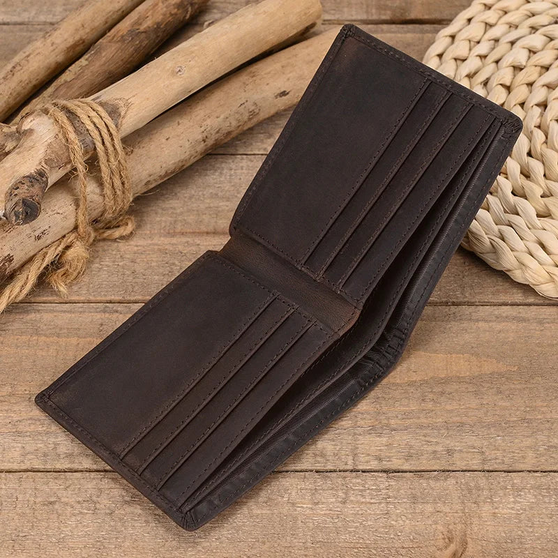 Men Genuine Leather Pocket Wallet Card Holder Sling Cow Leather Purse For Men Brown Retro Crazy Horse Leather Casual Short Purse
